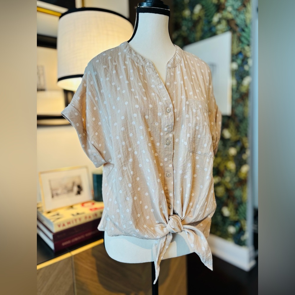 TAHARI Polka Dot Tie-Front Blouse - Cream - Picture 4 of 10